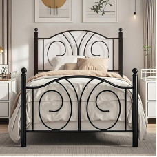 VECELO Bed Frame 90 x 200 cm, Metal Bed with High Headboard and Footboard, Modern Minimalist Youth Bed for Bedroom, Guest Room, Lots of Storage Space Under Bed, Black