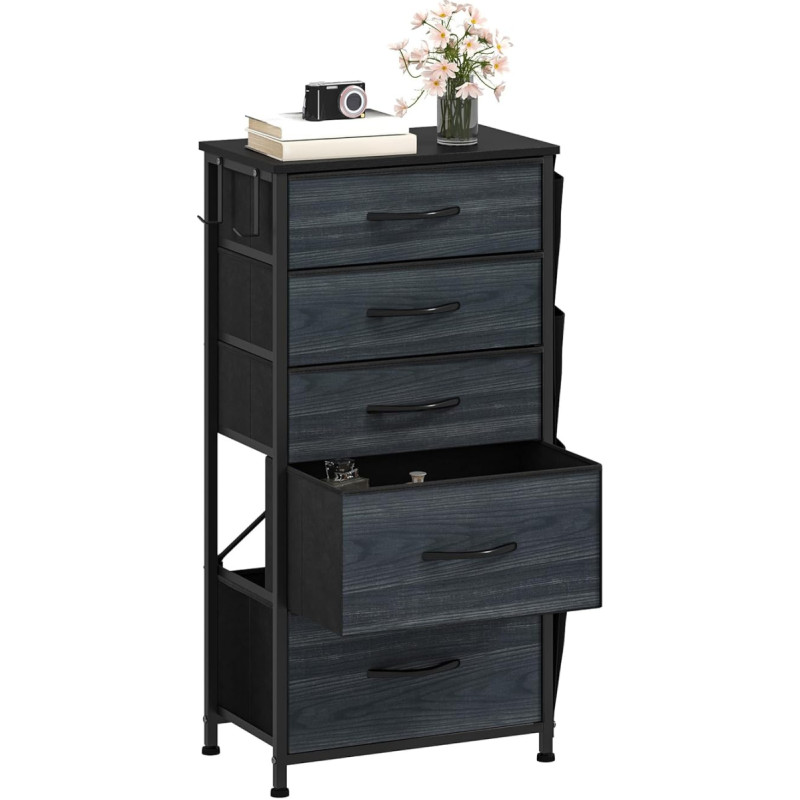 DWVO Chest of Drawers with 5 Drawers, Durable Cabinet with Hooks & Side Pockets, Fabric Drawers with Handles, Robust Metal Frame, Wood Grain Anthracite Black