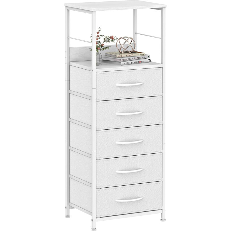 CADUKE Chest of Drawers with 5 Fabric Drawers for Bedroom, Universal Storage Chest of Drawers with Metal Frame and Wooden Top, Narrow and Tall Cupboard for Living Room, Children's Room, Black (White)