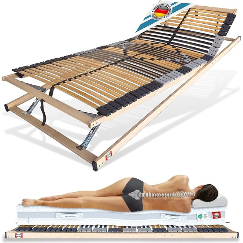 Matratzen Perfekt 7-Zone Slatted Frame 80 x 200 cm 42 Slats 8.5 cm High Hardness Adjustable up to 200 kg Load Capacity Manual Adjustable Made in Germany