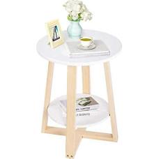 Greensen Wooden Side Table, Living Room Round Beech 2-Tier Small Bedside Table with Storage Space Modern Solid Wood Sofa Table for Bedroom, 40 × 40 × 50.5 cm, White