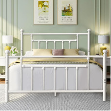 VECELO Bed Frame 140 x 200 cm Metal Bed with Slatted Frame Double Bed Guest Bed Youth Bed with Headboard for Bedroom Guest Room White