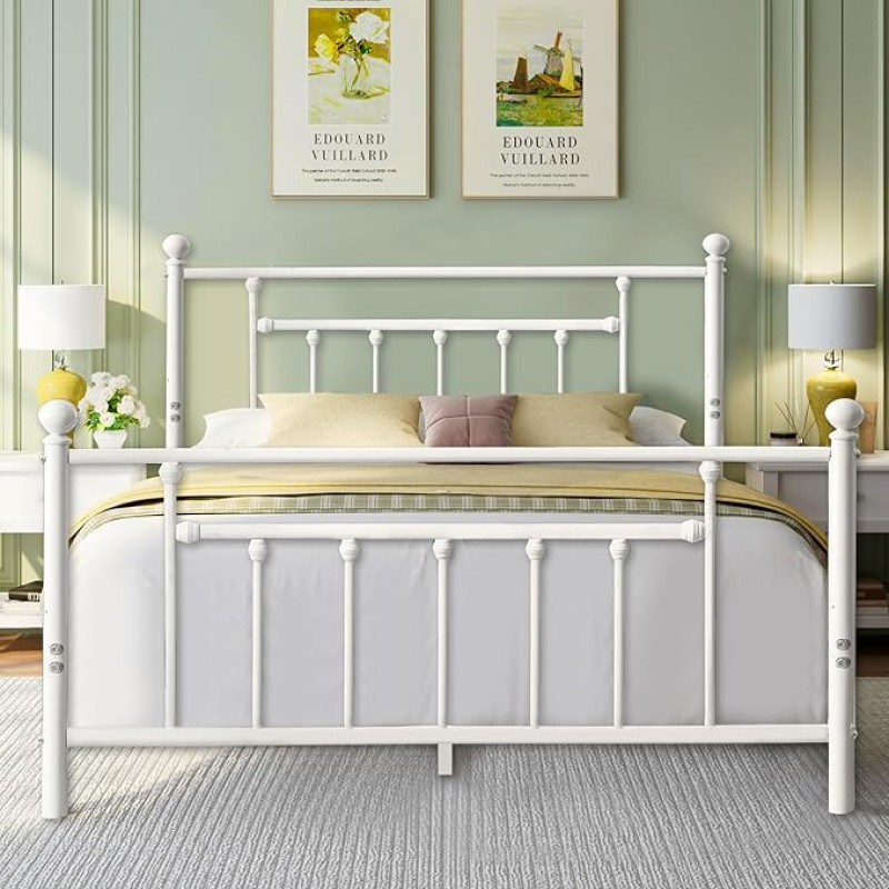 VECELO Bed Frame 140 x 200 cm Metal Bed with Slatted Frame Double Bed Guest Bed Youth Bed with Headboard for Bedroom Guest Room White