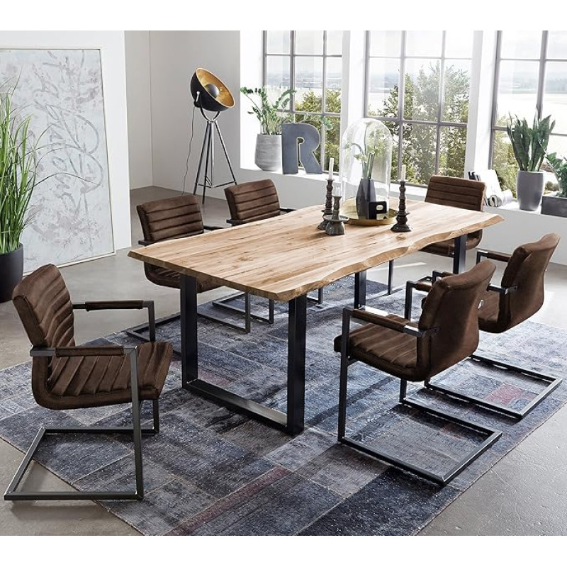 SAM Quintus Dining Set 7-Piece Wane Table 140 x 80 cm Natural Acacia Wood Frame Black 6 x Parzivo Swing Chairs Suede Look