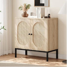 OPULENTHOME Rattan Sideboard, Wooden Kitchen Cabinet, Buffet Cabinet with 2 Doors, with Adjustable Shelf, High Metal Tube Leg Design, for Living Room, Kitchen, Dining Room, 80 x 40 x 83 cm