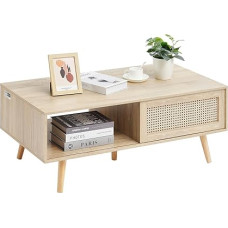 VEVOR Rattan Coffee Table Rectangular Coffee Table Woven Rattan Wood with MDF Top, 105 cm Modern Boho Coffee Table with Two Levels and Open Shelf, for Living Room, Bedroom