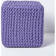 Homescapes Mauve Knitted Cube Footstool Bean Filled 100% Cotton Living Room Children the Elderly