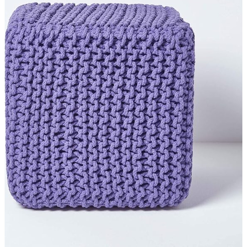 Homescapes Mauve Knitted Cube Footstool Bean Filled 100% Cotton Living Room Children the Elderly