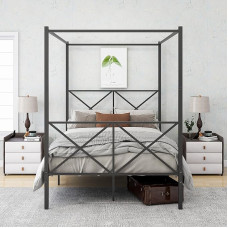 JELUTE Double Bed Frame Metal Headboard Footboard Modern Style Steel Bed Platform Heavy Duty Slats Bed Black