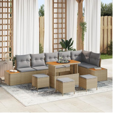 Rantry 10-teiliges Garten-Sofa-Set mit Kissen Beige Poly-Rattan Akazie Gartenlounge Model3362942