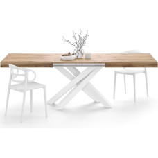 MOBILI FIVER, Emma Extendable Dining Table, 160 (240) x 90 cm, Rustic Oak, with White Crossed Legs, Made in Italy