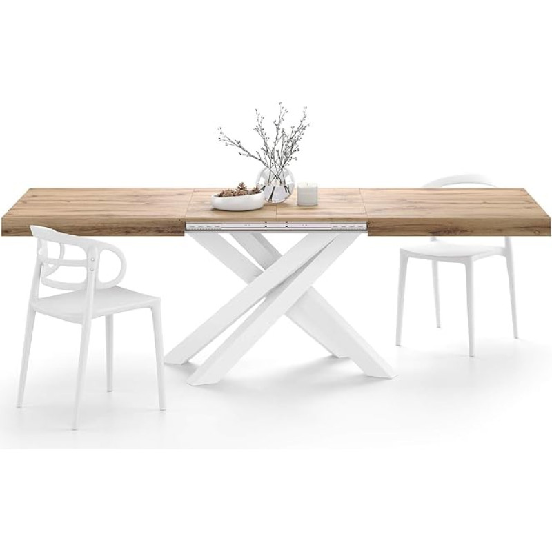 MOBILI FIVER, Emma Extendable Dining Table, 160 (240) x 90 cm, Rustic Oak, with White Crossed Legs, Made in Italy