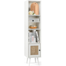 FANTASK Bathroom Cabinet with 4 Shelves, Rattan Bathroom Cabinet, Boho Toilet Cabinet with Wooden Legs and Rattan Door, Narrow Chest of Drawers, 29.5 x 29.5 x 137 cm, White