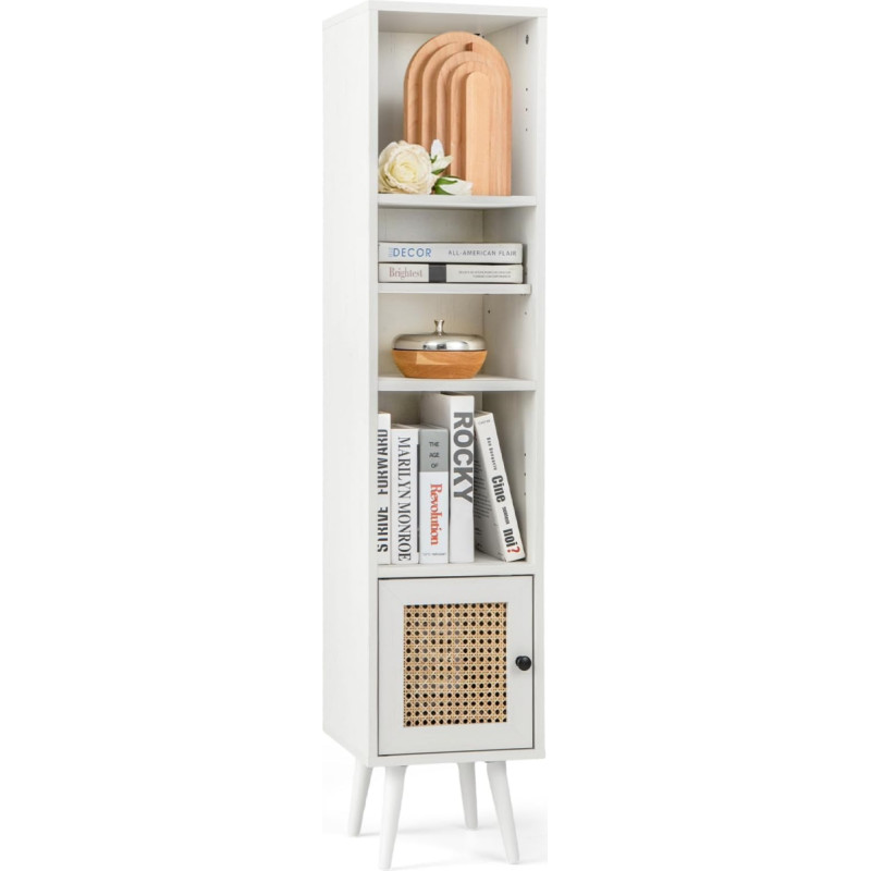 FANTASK Bathroom Cabinet with 4 Shelves, Rattan Bathroom Cabinet, Boho Toilet Cabinet with Wooden Legs and Rattan Door, Narrow Chest of Drawers, 29.5 x 29.5 x 137 cm, White
