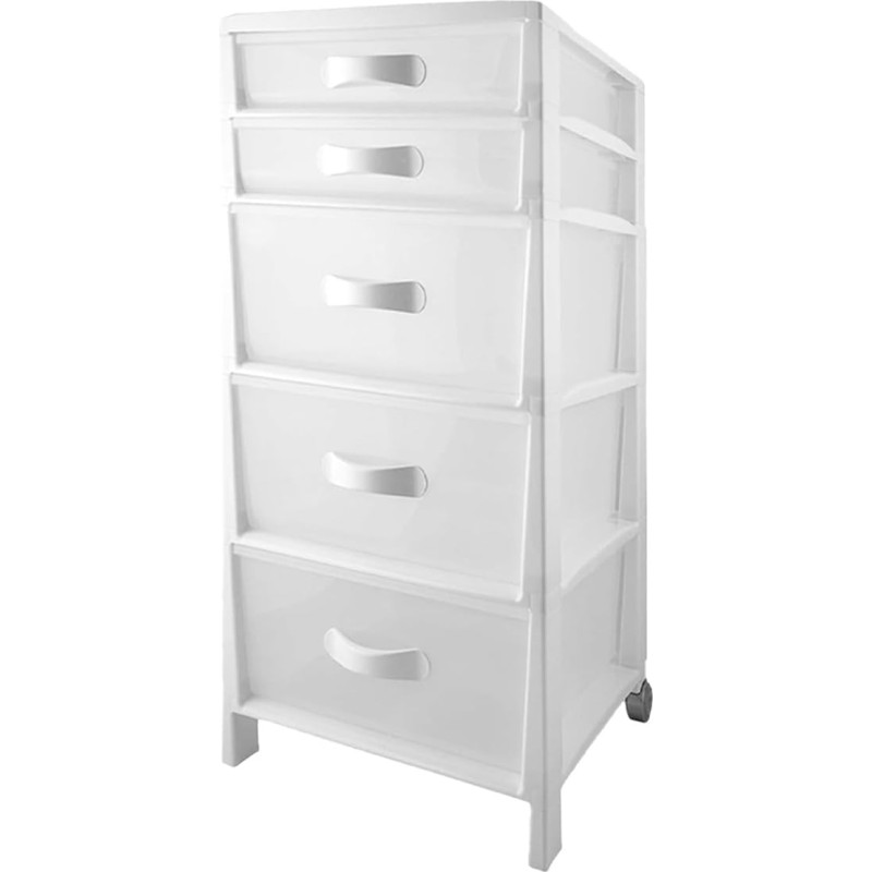 Avilia Multifunctional Organiser with 5 Drawers, White, Ideal for Bedroom, Kitchen, Bathroom and Office - Cabinet with Transparent Drawers 39.5 x 38 x 82 cm