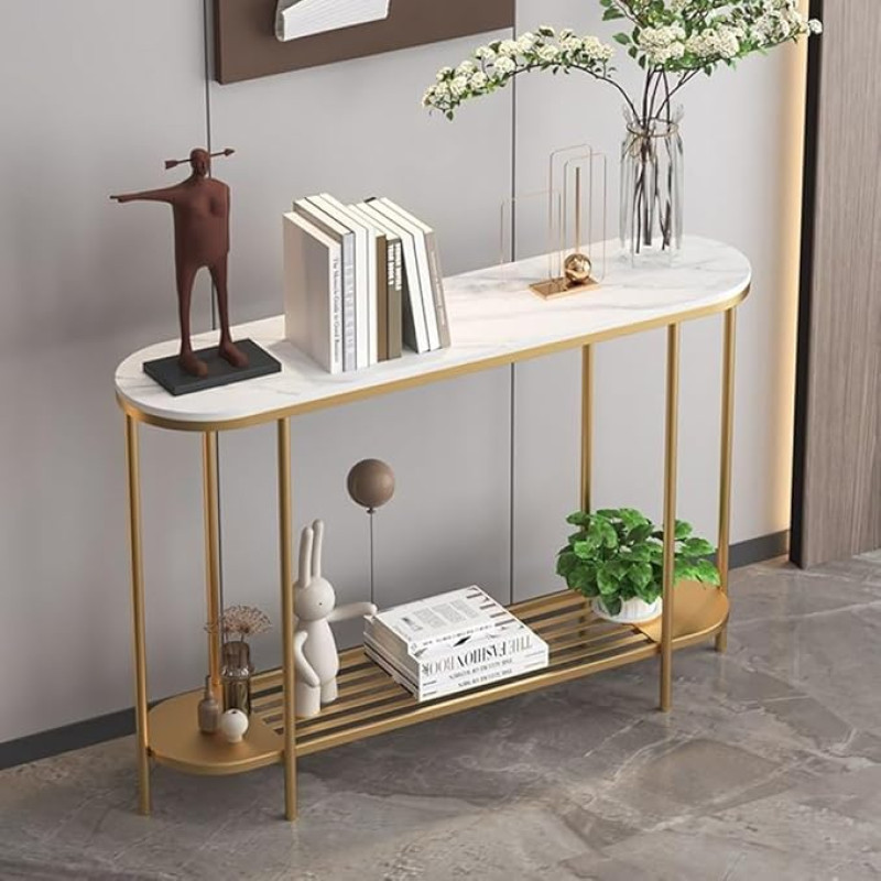 Rechteckiger Konsolen-Sofatisch, Eingangstisch, moderner schmaler Flurtisch mit Regalen, 2-stufiger Stauraum für Flur-, Eingangs- und Wohnzimmermöbel (Gold, 80 cm)