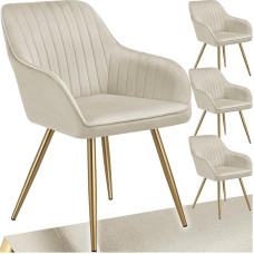 tectake® Dining Room Chairs, Quilted Velvet Fabric Chair, with Armrests, Dining Set, Kitchen Chairs, Modern, Cosy Living Room, Dining Lounge, Dressing Table Chair, Cream/Gold, Set of 4