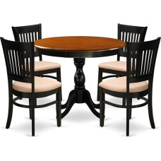 East West Furniture AMVA5-BCH-C Antikes 5-teiliges Küchenset für 4 Personen, enthält einen runden Zimmertisch mit Sockel und 4 gepolsterten Esszimmerstühlen aus Leinenstoff, 91,4 x 91,4 cm