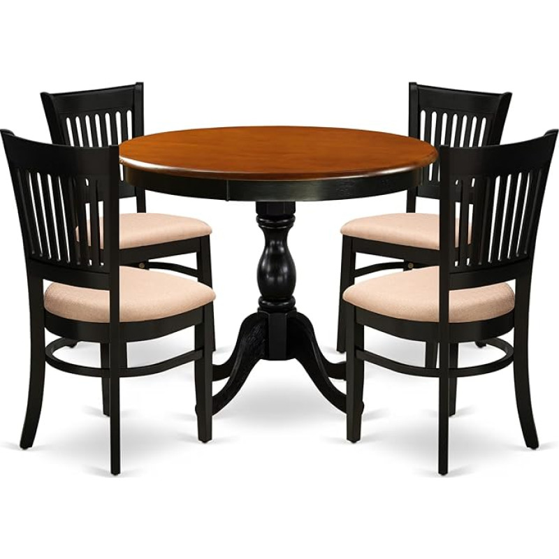 East West Furniture AMVA5-BCH-C Antikes 5-teiliges Küchenset für 4 Personen, enthält einen runden Zimmertisch mit Sockel und 4 gepolsterten Esszimmerstühlen aus Leinenstoff, 91,4 x 91,4 cm