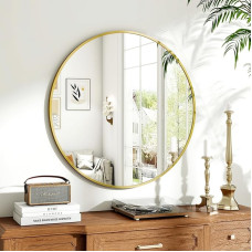 Koonmi 70 cm Round Mirror Gold Mirror Round Wall Mirror with Aluminium Alloy Frame for Bathroom, Washbasin, Living Room, Bedroom, Entrance Wall Decoration