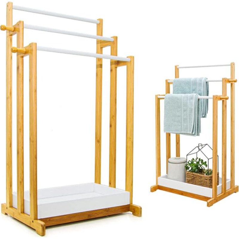 DuneDesign Bamboo Towel Rail with 3 Rails - 45 x 35 x 84 cm Bathroom Towel Rack Made of Wood - Freestanding