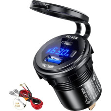 Thlevel USB C Steckdose 12V-24V Auto Ladegerät 45W PD und 18W QC3.0 mit LED Digital Voltmeter Anzeige Schalter Handy Schnellladung Wasserdicht für KFZ Fahrzeuge Boot Motorrad