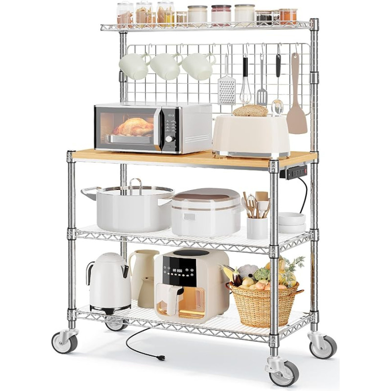 Leteuke Baker's Rack with Socket & Storage, NSF Certified Microwave Stand Kitchen Trolley, 4-Tier Metal Rack with Wheels & 20 S-Hooks for Kitchen Pots, Appliances, 63 x 18 x 36 inches, Chrome