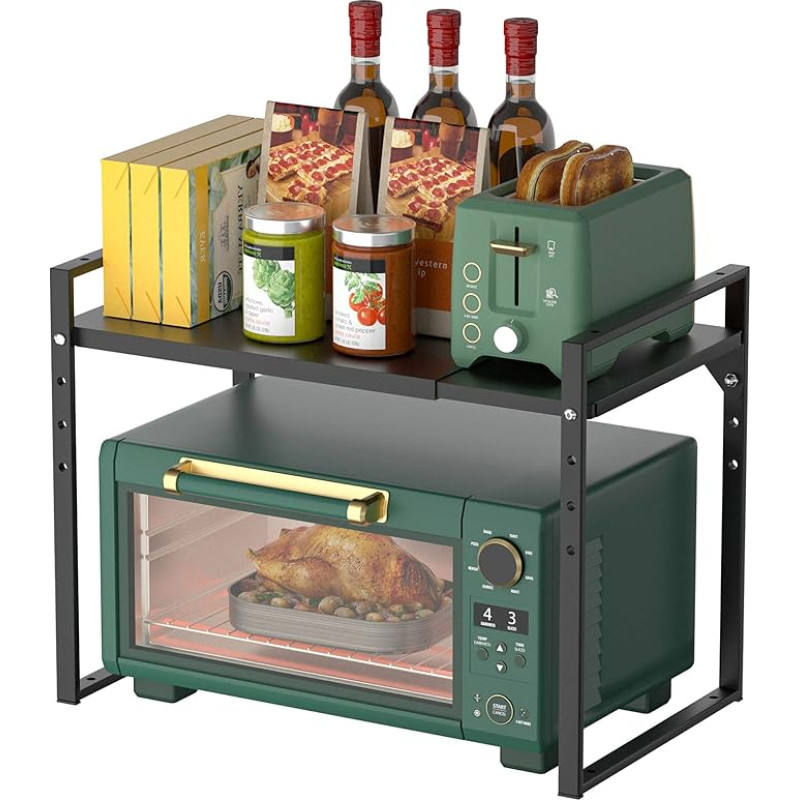 GEDLIRE 2 Tier Expandable Microwave Oven Rack Height Adjustable Heavy Duty Microwave Toaster Countertop Stand Metal Rack Pantry Rack Organization Black