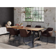SAM 7-Piece Dora Dining Set 180 x 90 cm Solid Mango Wood and Natural Coloured Wane Table with A Metal Frame in Matte Black + 6 x Kirin Chairs in Suede Look