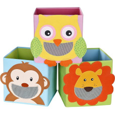 SONGMICS RFB01KU Set of 3, Toy Boxes, Toy Organiser, Foldable Cube for Children's Room, Baby Room 27 x 27 x 27 cm Animal Motifs Colourful RFB01KU