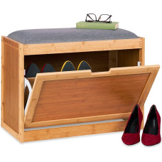 Relaxdays Shoe Bench with Large Seat, Shoe Cabinet for Hallway and Hallway, 2 Adjustable Compartments, Made of Bamboo, Natural/Grey, Pack of 1