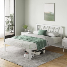 Novilla Metal Bed Frame, 150 x 200 cm, with Slatted Metal Bed Frame with Headboard Design, Double Guest Bed, White