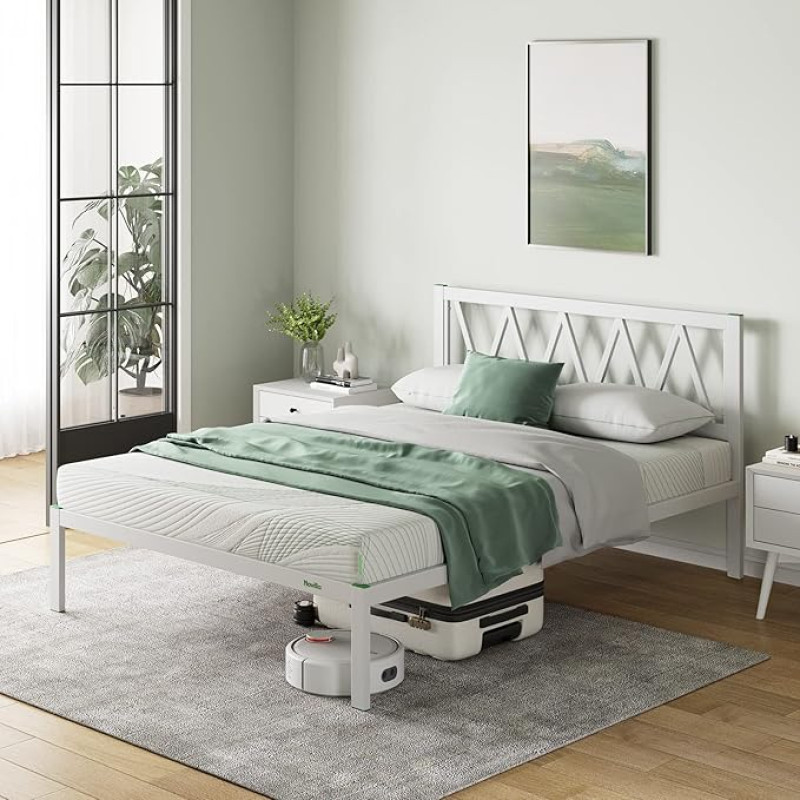 Novilla Metal Bed Frame, 150 x 200 cm, with Slatted Metal Bed Frame with Headboard Design, Double Guest Bed, White