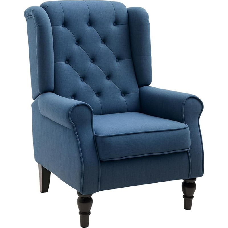 HOMCOM Wingback Armchair with Tufting, High Backrest, Upholstered Lounge Chair with Rounded Armrests, Wooden Legs, for Bedroom, Living Room, up to 160 kg, Blue