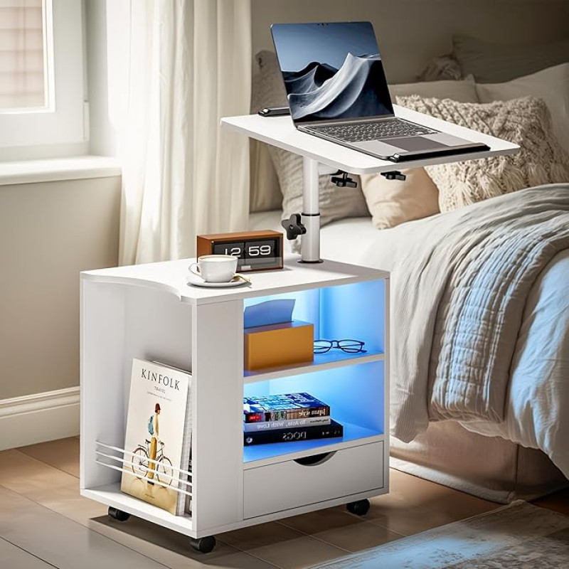 Pamapic Bedside Table with LED Lighting, Bedside Tables with Adjustable Height, Bedside Table with Drawers & Open Shelves, Mobile Side Table with Wheels for Bedroom, Living Room, Office, White