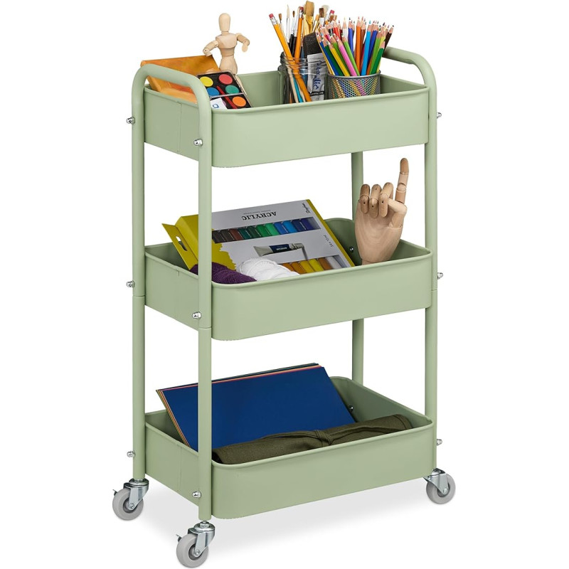 Relaxdays Rolling Trolley, 3 Levels, Serving Trolley, Kitchen Trolley, Bathroom & Office, Rolling Shelf, 71.5 x 43.5 x 29.5 cm, Craft Trolley, Green