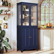 HOLTICO Freestanding Kitchen Cabinets with Glass Door, Glass Kitchen Cabinet, Classic Tall Cabinet with Glass Door and Adjustable Shelves for Kitchen, Living Room and Dining Room (Blue)