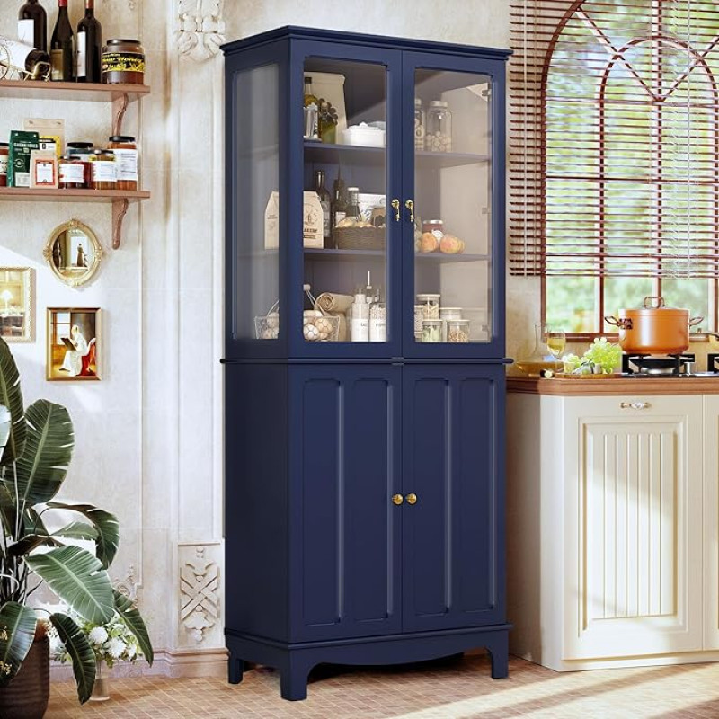 HOLTICO Freestanding Kitchen Cabinets with Glass Door, Glass Kitchen Cabinet, Classic Tall Cabinet with Glass Door and Adjustable Shelves for Kitchen, Living Room and Dining Room (Blue)