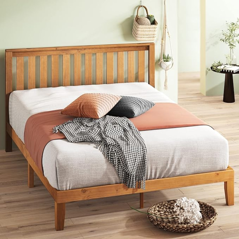 Zinus Alexia Bed 180 x 200 cm - Height 30 cm - Wooden Platform Bed Frame with Headboard - Rustic Pine Brown, Wood Colour, Wood