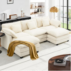 Urhanherry U-Shape Cloud Sofa, Modular Sectional Sofa 5-Seater with 2 Ottomans, Modern Sofa with Armrests/Decorative Cushion, Breathable Chenille Fabric, U Sofa Couch for Living Room, Beige