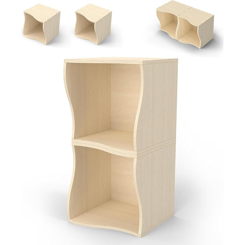 sarben Bookcase, Modular Cube Shelf, Standing Shelf, Wavy Design, Freely Combinable, Set of 2, Wood Colour Bookcase, Storage Shelf for Office, Study, Living Room, Bedroom
