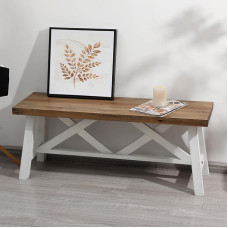 Wnutrees 43 Inch Farmhouse Wooden Bench, Rustic Solid Wood Entrance Bench with Double X Structure for Dining Room, Living Room, Hallway, Bedroom, Structural Stability, White