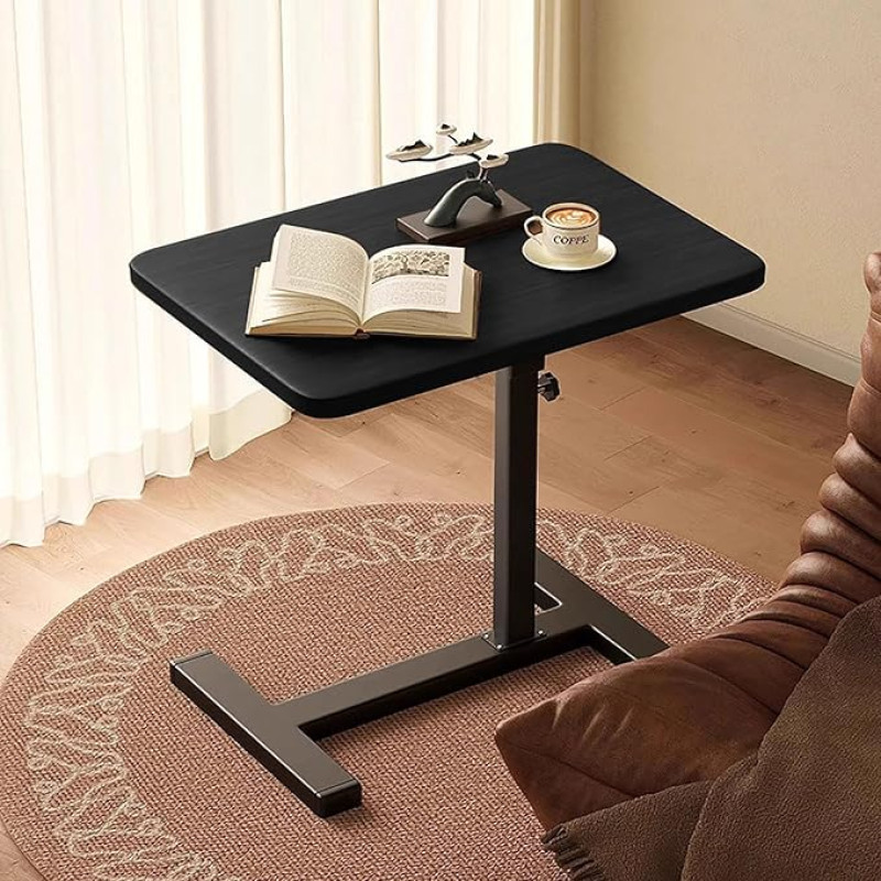AHSBND Side Table Height Adjustable Small Coffee Table Laptop Table: C Shape 360° Rotating Wooden Sofa Table with Wheels for Sofa Bed Modern Living Room Bedroom (Black)