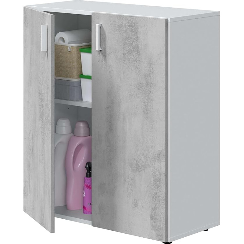 Habitdesign Multipurpose Low Cabinet with 2 White and Cement Doors 80 x 92 x 37 cm