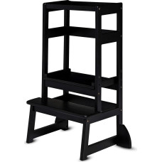 Oemmie Wooden Learning Tower Black - Height-Adjustable Montessori Learning Tower for Children, Load Capacity up to 50 kg, Safe & Sturdy Step Stool - Kitchen Aid for Toddlers