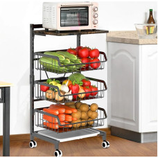 Gemsaya 4 Tier Vegetable Shelf, Kitchen Trolley with Wooden Top, Fruit Basket Storage Rack for Kitchen, Black Steel Serving Trolley, Grid Trolley with Lockable Wheels, 40 x 31 x 85 cm, Multi-Layer