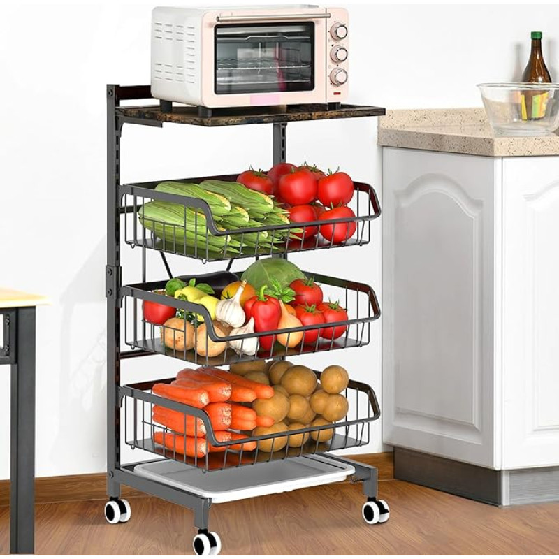 Gemsaya 4 Tier Vegetable Shelf, Kitchen Trolley with Wooden Top, Fruit Basket Storage Rack for Kitchen, Black Steel Serving Trolley, Grid Trolley with Lockable Wheels, 40 x 31 x 85 cm, Multi-Layer