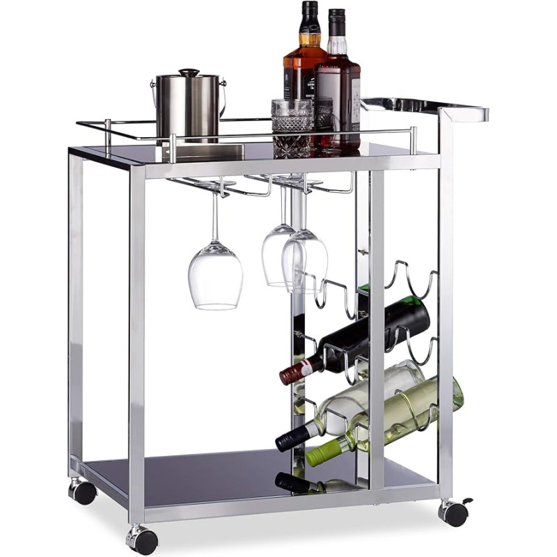 Relaxdays Baron Glass Serving Trolley, Design, Wine Rack for 6 Bottles, HxWxD: 75 x 40 x 70 cm, Kitchen Cart, Black, Steel 70x40x75 cm