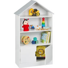 Relaxdays Children's Shelf, House Shaped Bookcase, 3 Open Compartments, 1 Closed Compartment, HBT: 115 x 68 x 28 cm, White/Grey