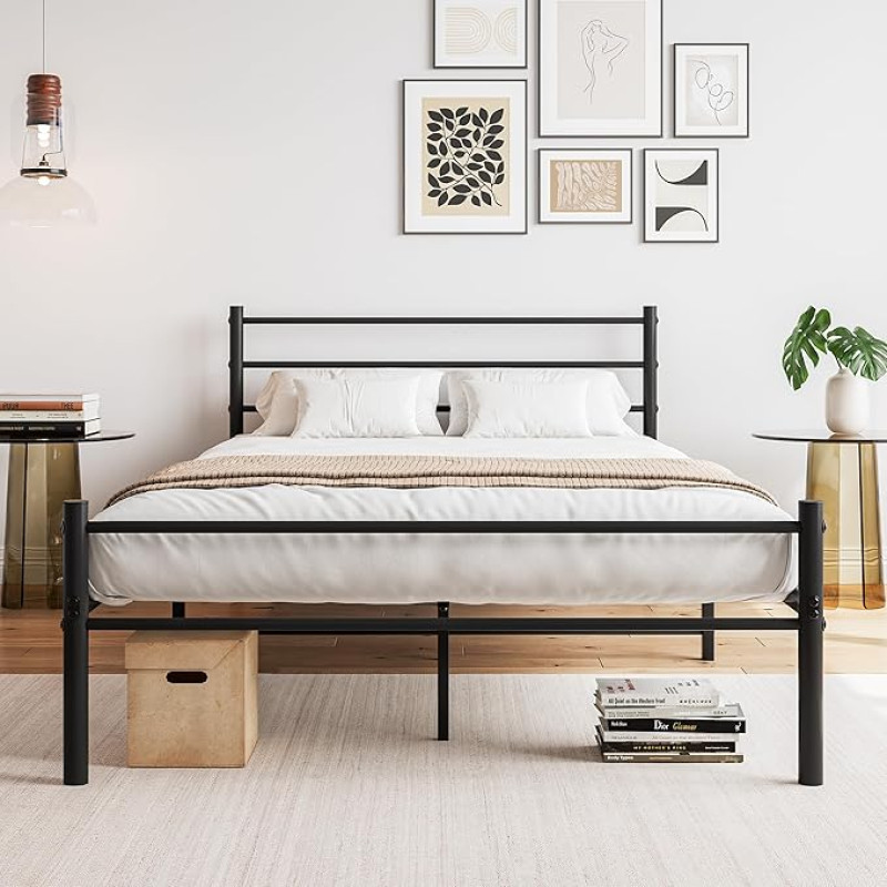 FOUBAM Bed 120 x 200, Metal Bed Frame with Slatted Frame, Double Bed/Single Bed, Bed Frame with Headboard, Bed Frame Guest Bed, Youth Bed for Bedroom, Guest Room, Black